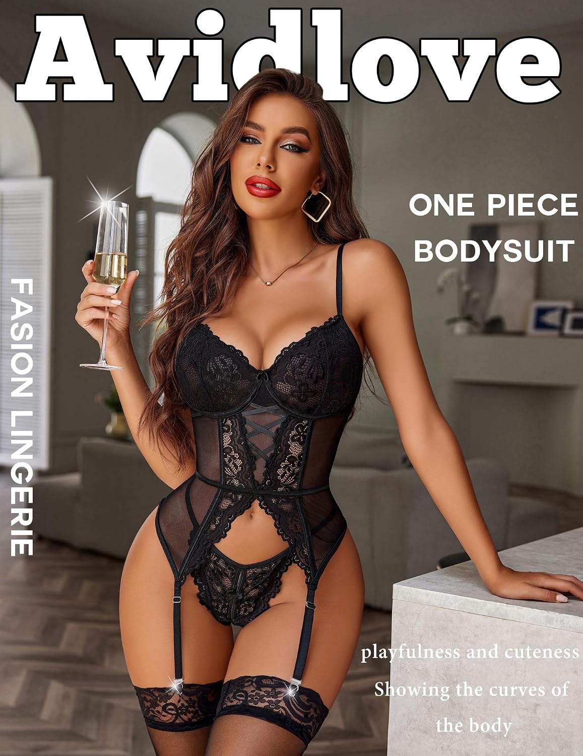 image:imageAvidlove Garter Lingerie for Women Floral Lace Babydoll Bodysuit Bra and Panty SetBlack