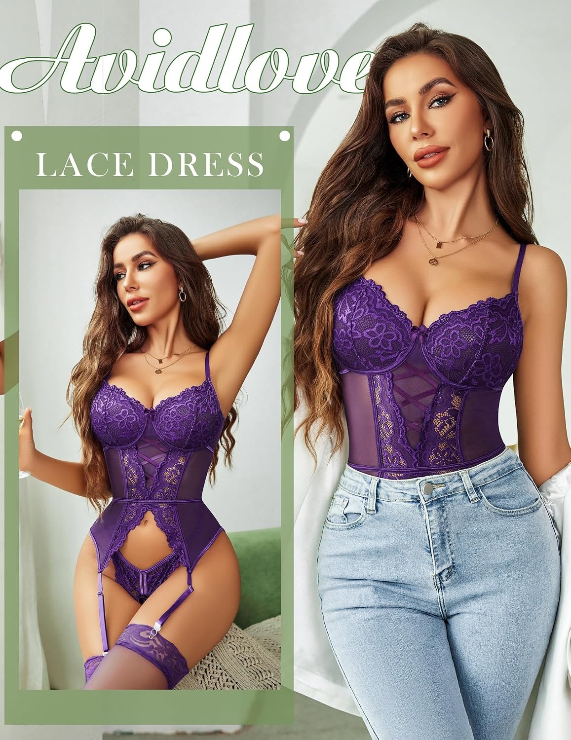 image:imageAvidlove Garter Lingerie for Women Floral Lace Babydoll Bodysuit Bra and Panty SetDark Purple