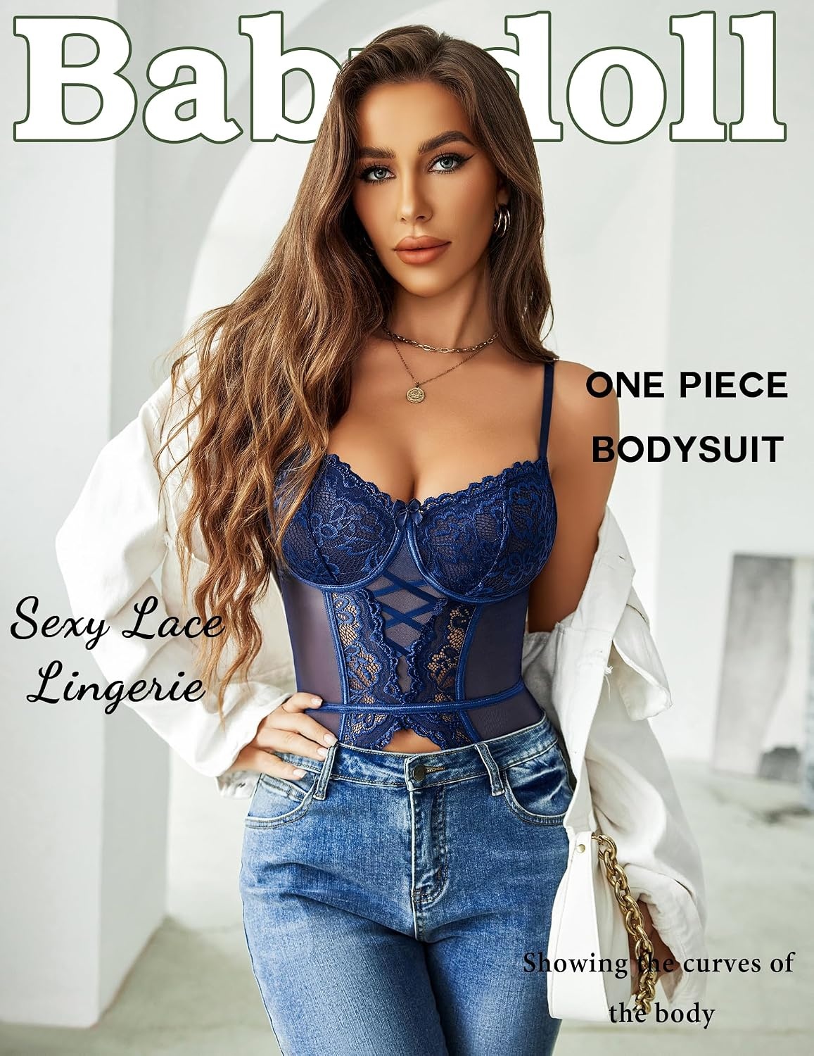 image:imageAvidlove Garter Lingerie for Women Floral Lace Babydoll Bodysuit Bra and Panty SetNavy Blue
