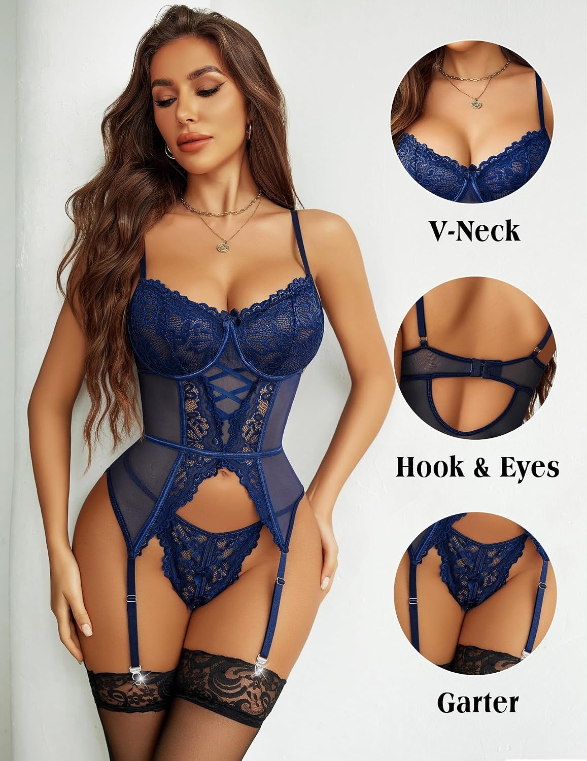 image:imageAvidlove Garter Lingerie for Women Floral Lace Babydoll Bodysuit Bra and Panty SetNavy Blue