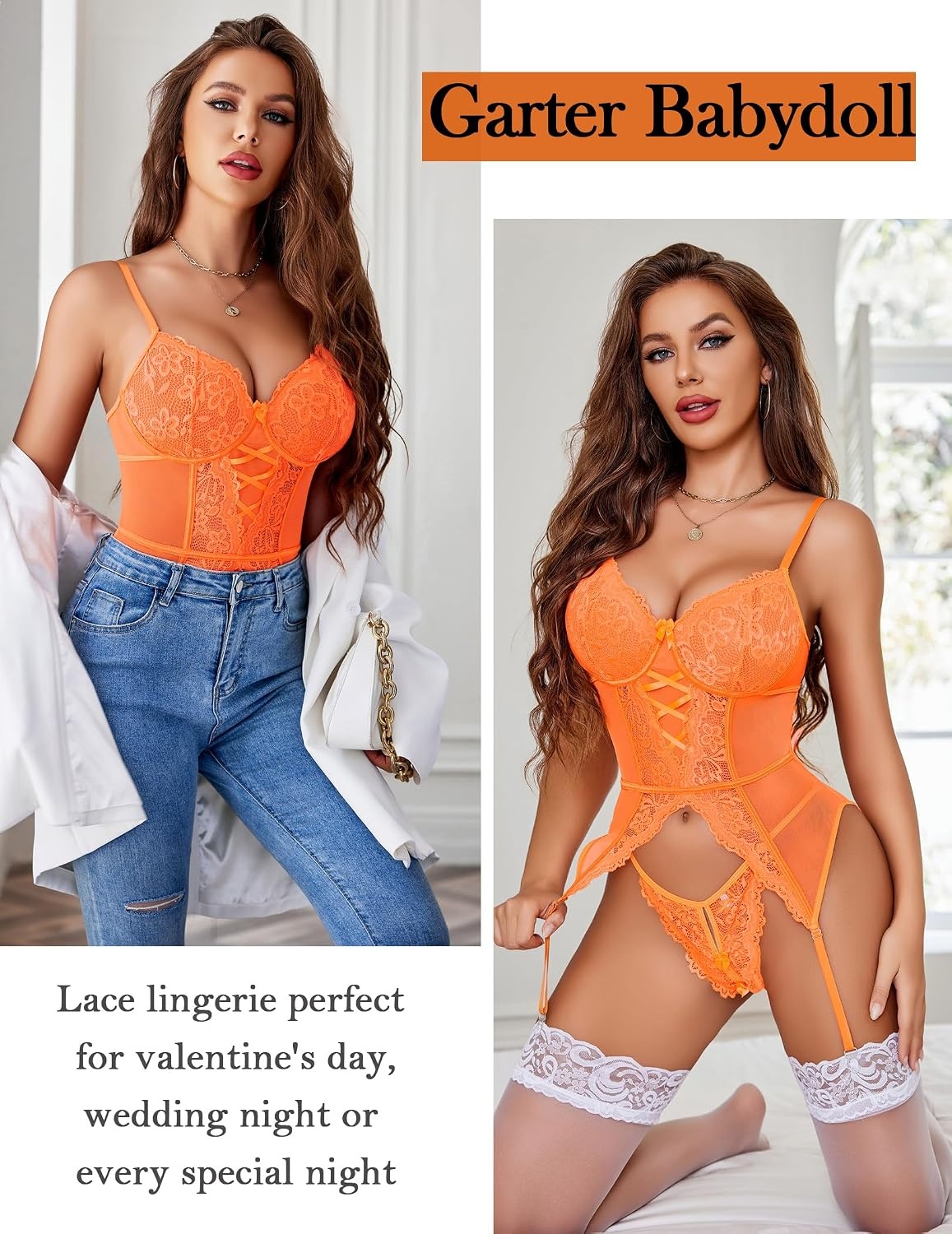 image:imageAvidlove Garter Lingerie for Women Floral Lace Babydoll Bodysuit Bra and Panty SetOrange