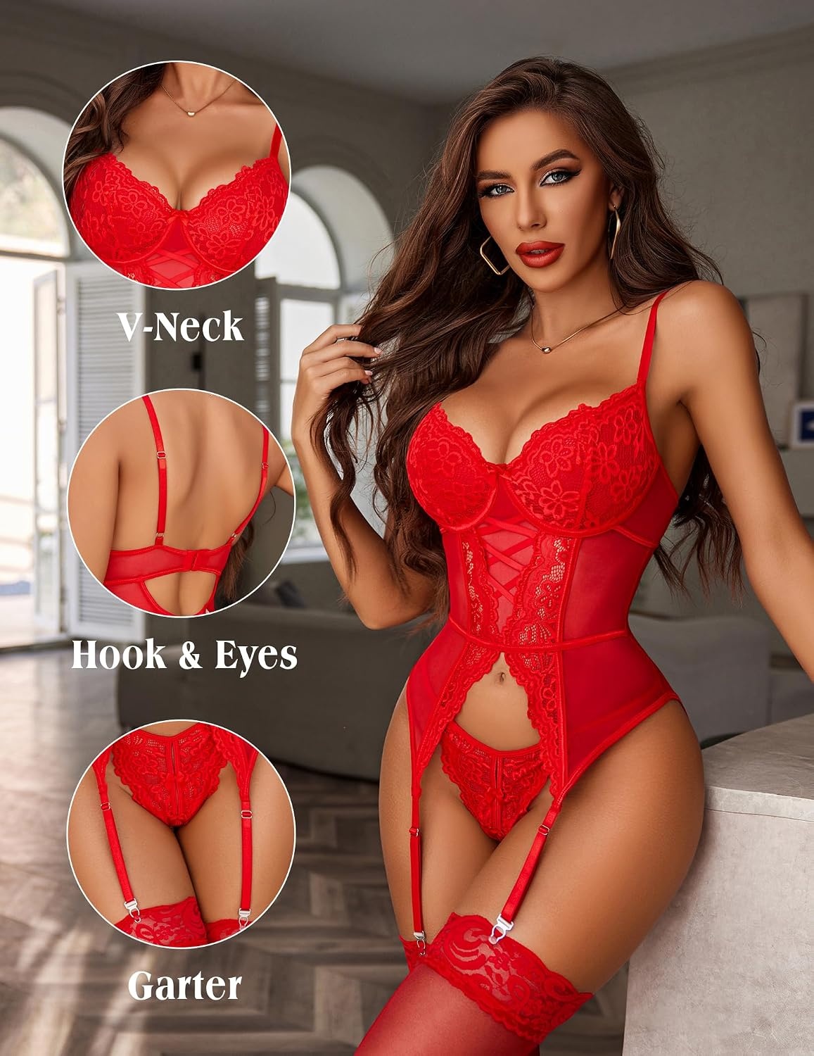 image:imageAvidlove Garter Lingerie for Women Floral Lace Babydoll Bodysuit Bra and Panty SetRed