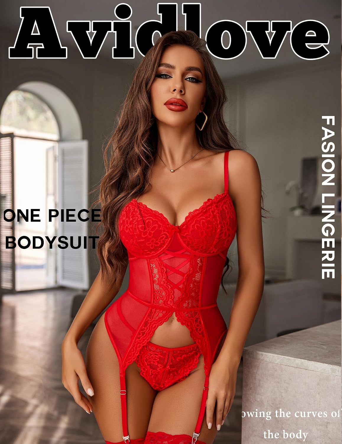 image:imageAvidlove Garter Lingerie for Women Floral Lace Babydoll Bodysuit Bra and Panty SetRed