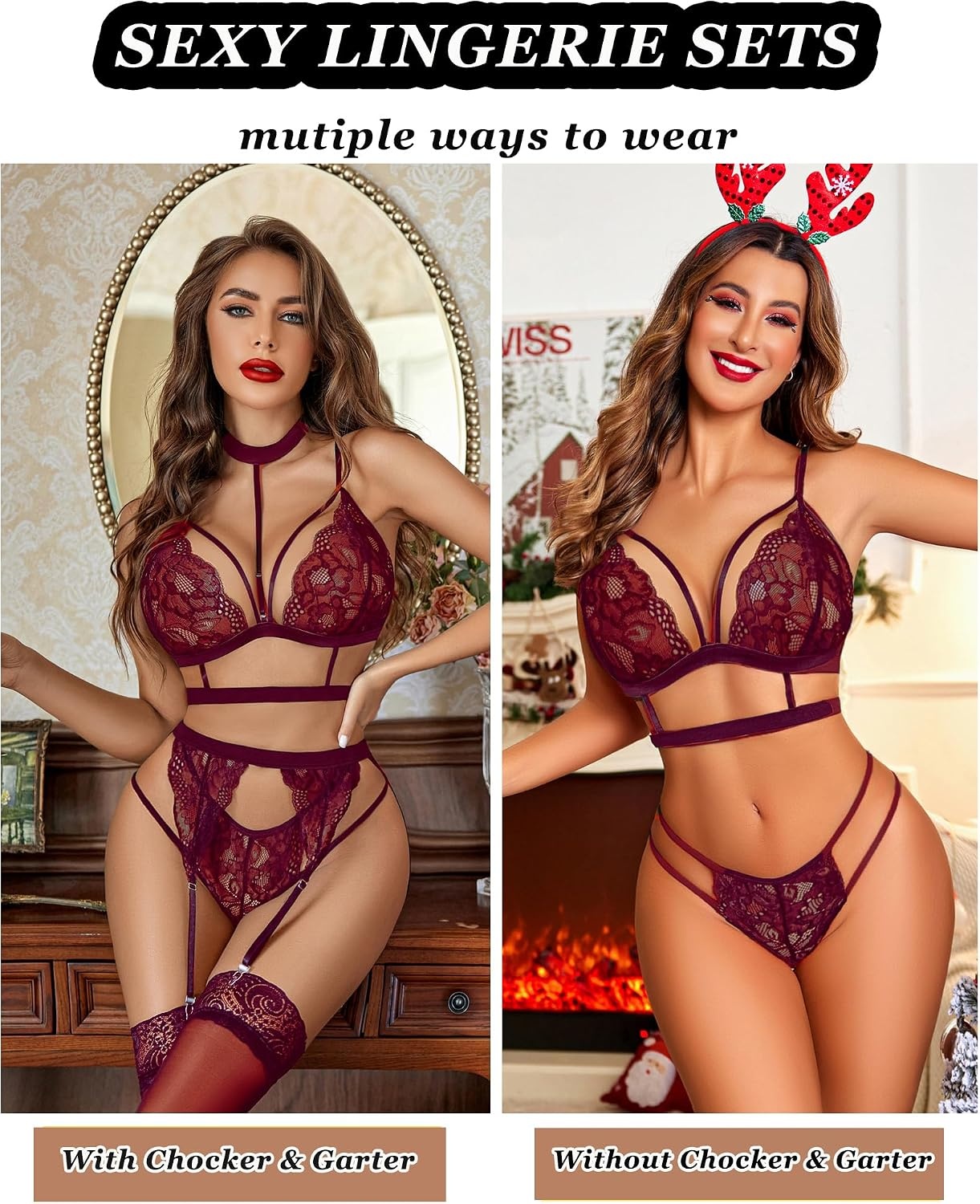 image:imageAvidlove Lace Garter Lingerie Set with Removable Choker Teddy Babydoll Strappy Bra and Panty Set No StockingsCherry Red