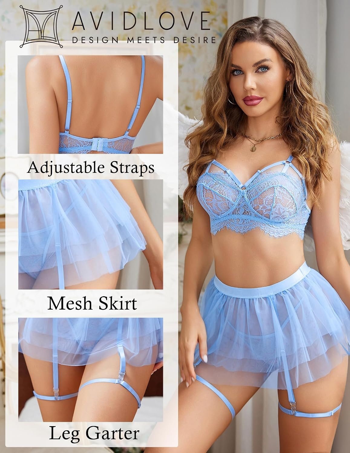 image:imageAvidlove Lace Garter Lingerie for Women Mesh Mini Skirt Nightwear Babydoll BodysuitLight Blue
