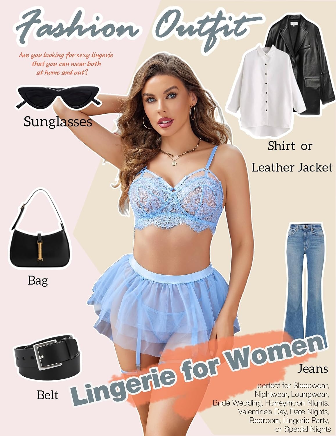 image:imageAvidlove Lace Garter Lingerie for Women Mesh Mini Skirt Nightwear Babydoll BodysuitLight Blue