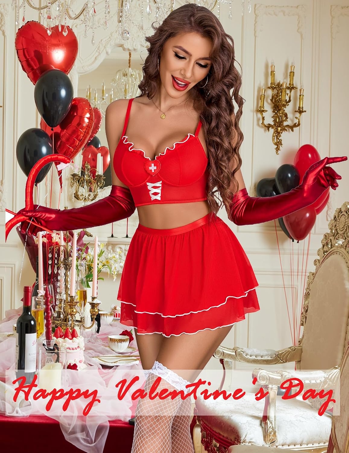 image:imageAvidlove Sexy Lingerie for Women Cosplay Lingerie Set Mesh Sheer Lace Maid Costume Set with Thong 3 PieceCarmine Red
