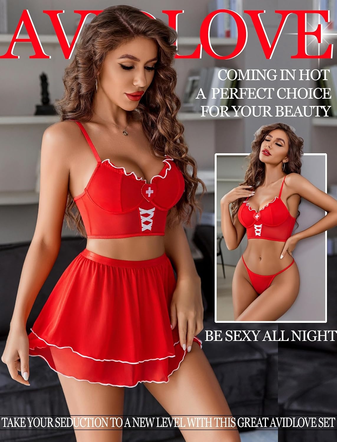 image:imageAvidlove Sexy Lingerie for Women Cosplay Lingerie Set Mesh Sheer Lace Maid Costume Set with Thong 3 PieceCarmine Red
