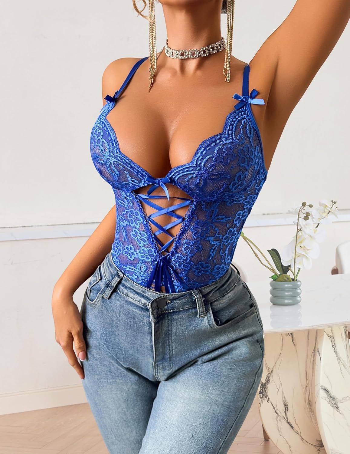 image:imageAvidlove Women Lingerie Lace Lingerie Sets with Garter Belts One Piece Bodysuit Teddy with Panty No StockingsAcobalt Blue