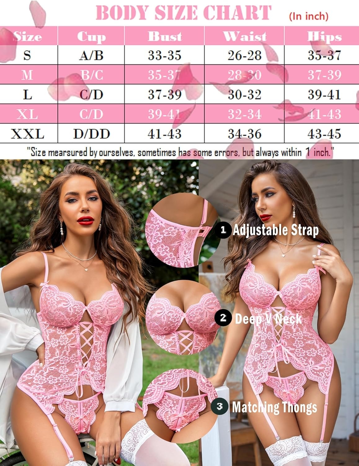 image:imageAvidlove Women Lingerie Lace Lingerie Sets with Garter Belts One Piece Bodysuit Teddy with Panty No StockingsApure Pink