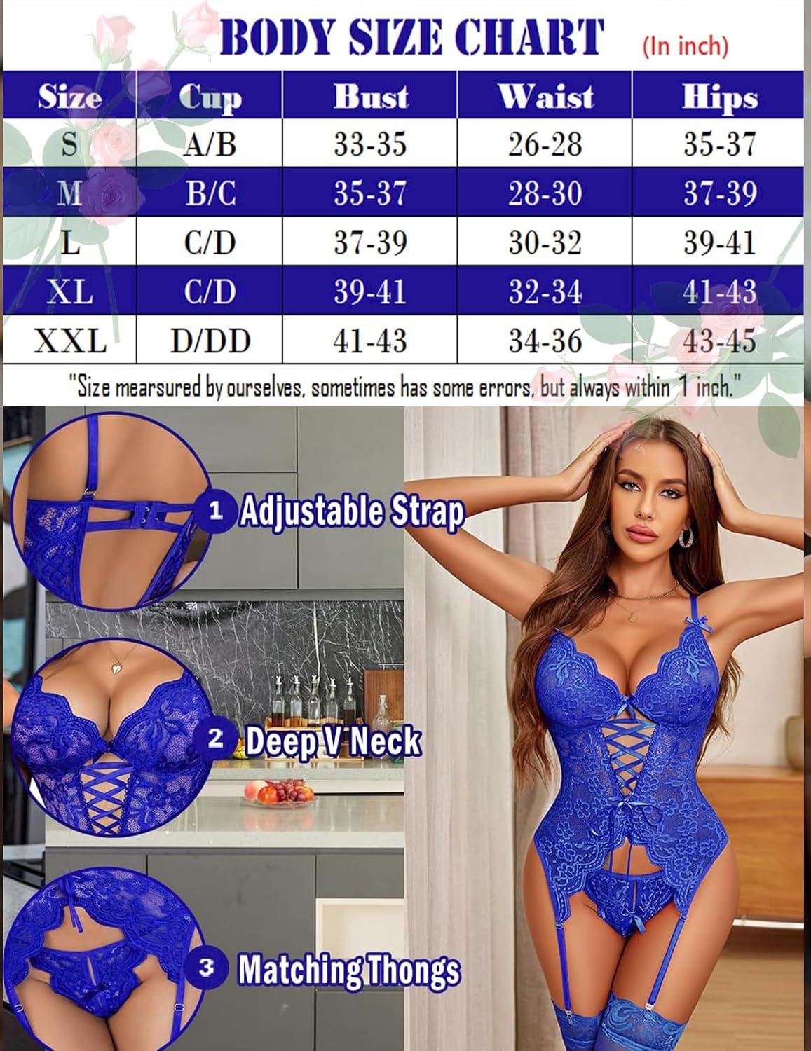 image:imageAvidlove Women Lingerie Lace Lingerie Sets with Garter Belts One Piece Bodysuit Teddy with Panty No StockingsApure Sky Blue
