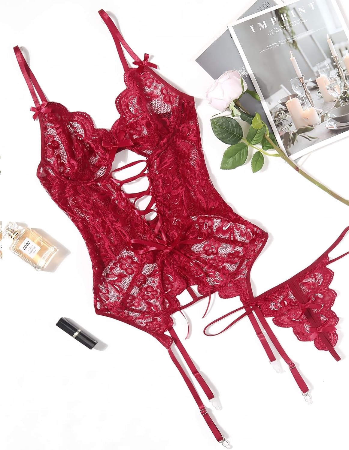 image:imageAvidlove Women Lingerie Lace Lingerie Sets with Garter Belts One Piece Bodysuit Teddy with Panty No StockingsApure Wine Red