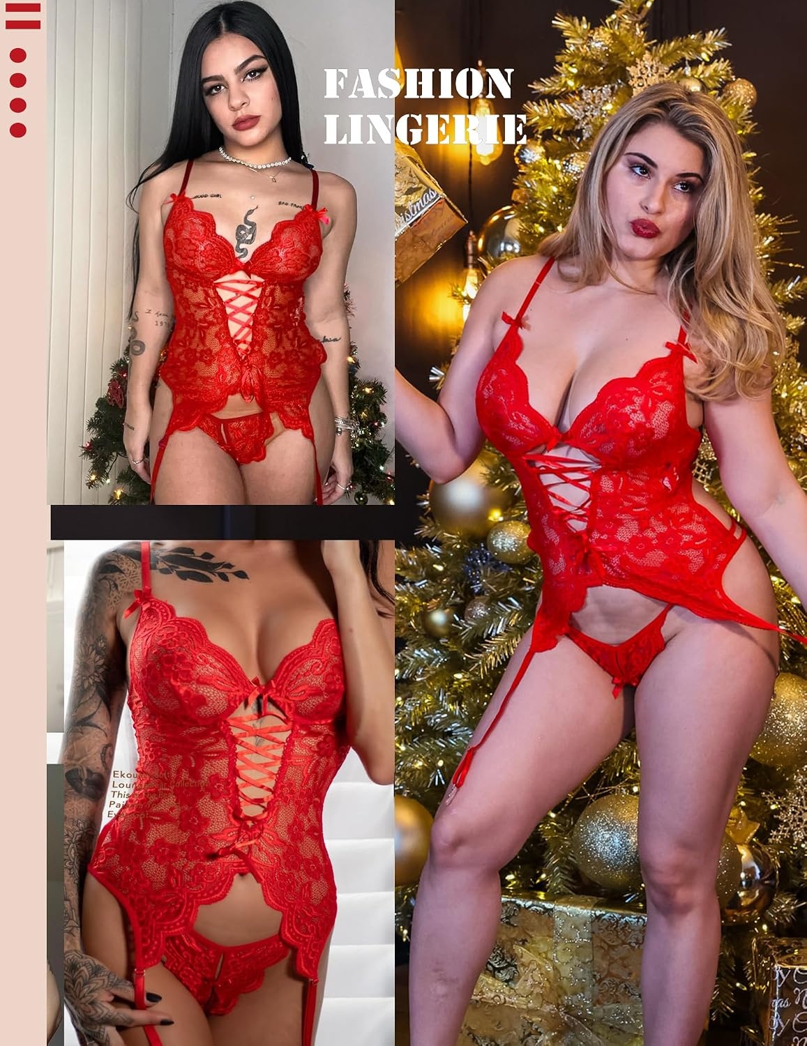 image:imageAvidlove Women Lingerie Lace Lingerie Sets with Garter Belts One Piece Bodysuit Teddy with Panty No StockingsAture Red