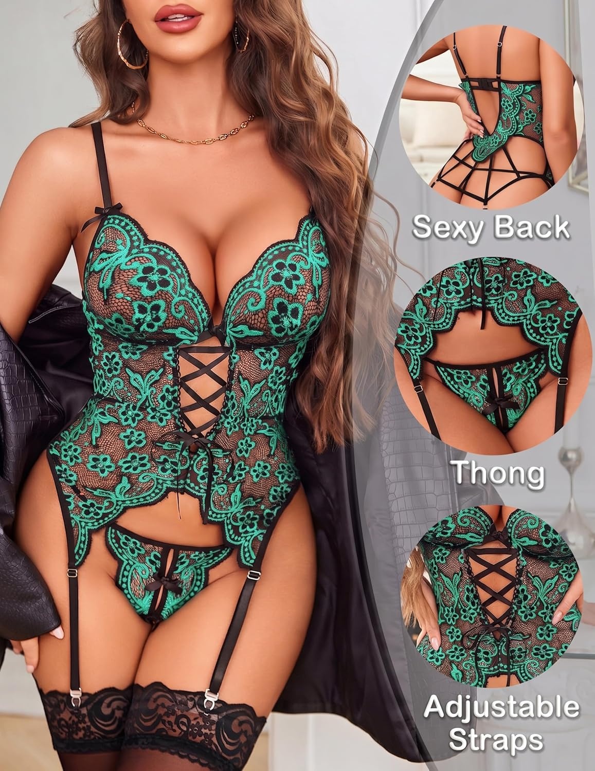 image:imageAvidlove Women Lingerie Lace Lingerie Sets with Garter Belts One Piece Bodysuit Teddy with Panty No StockingsBlackgreen