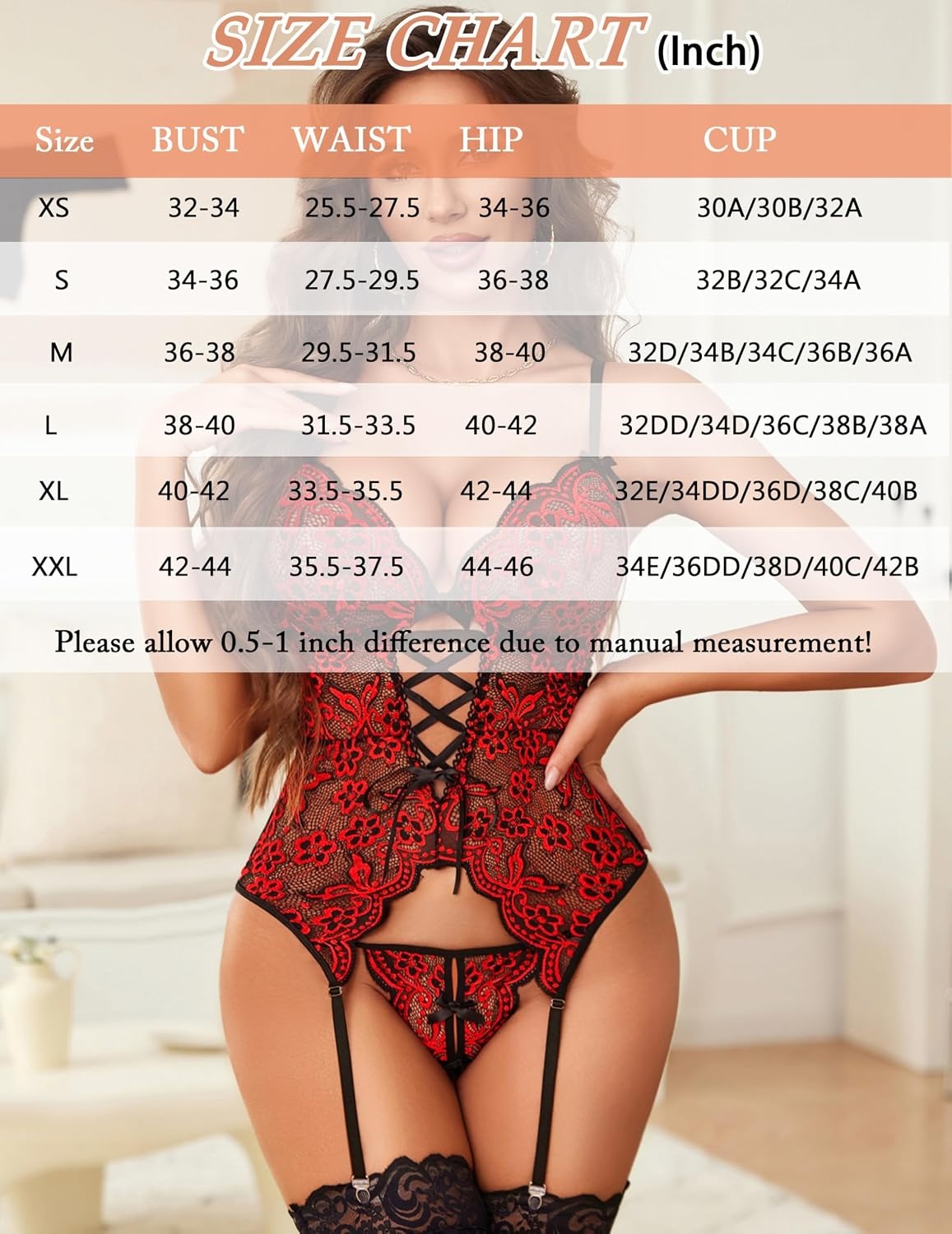 image:imageAvidlove Women Lingerie Lace Lingerie Sets with Garter Belts One Piece Bodysuit Teddy with Panty No StockingsBlackred