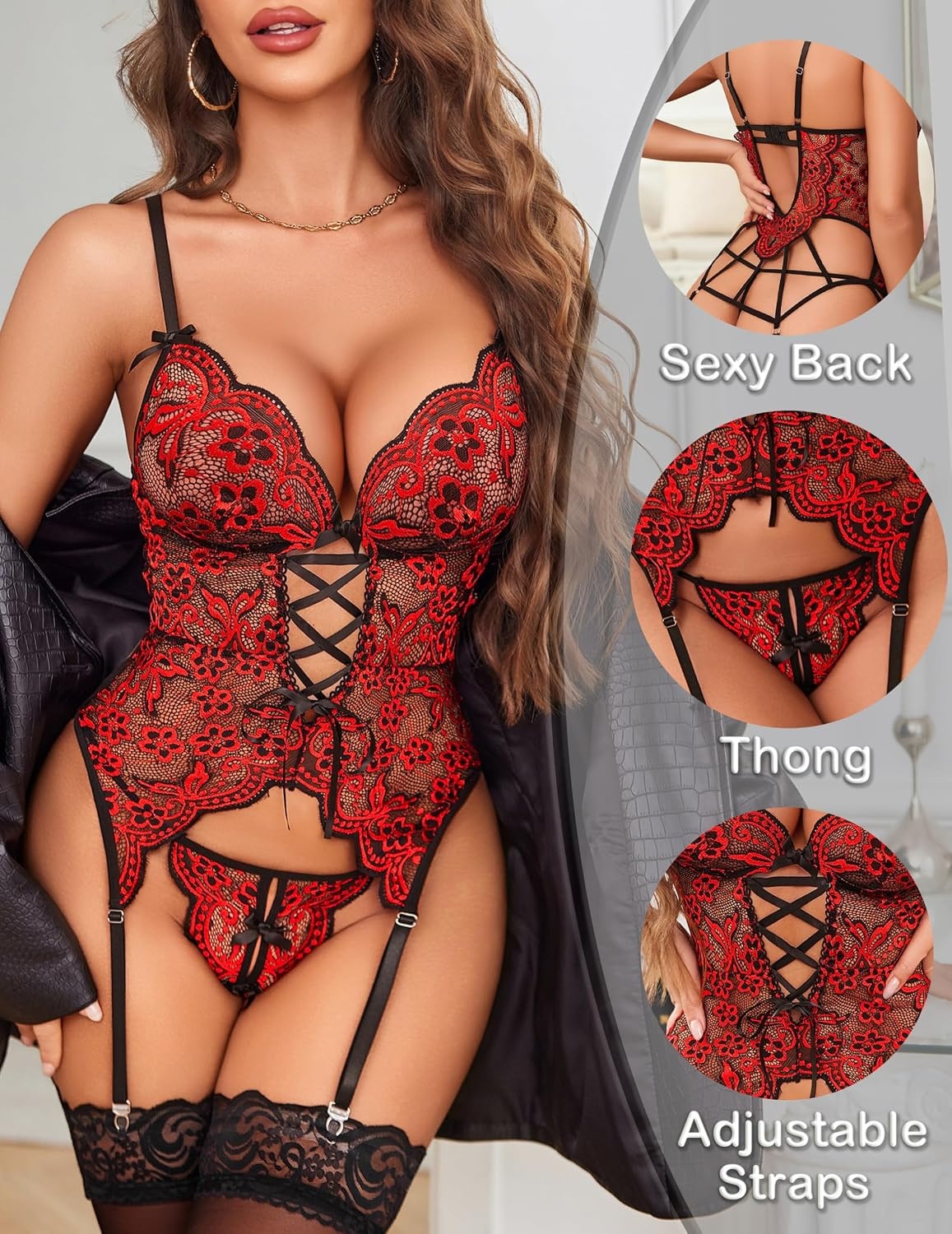 image:imageAvidlove Women Lingerie Lace Lingerie Sets with Garter Belts One Piece Bodysuit Teddy with Panty No StockingsBlackred