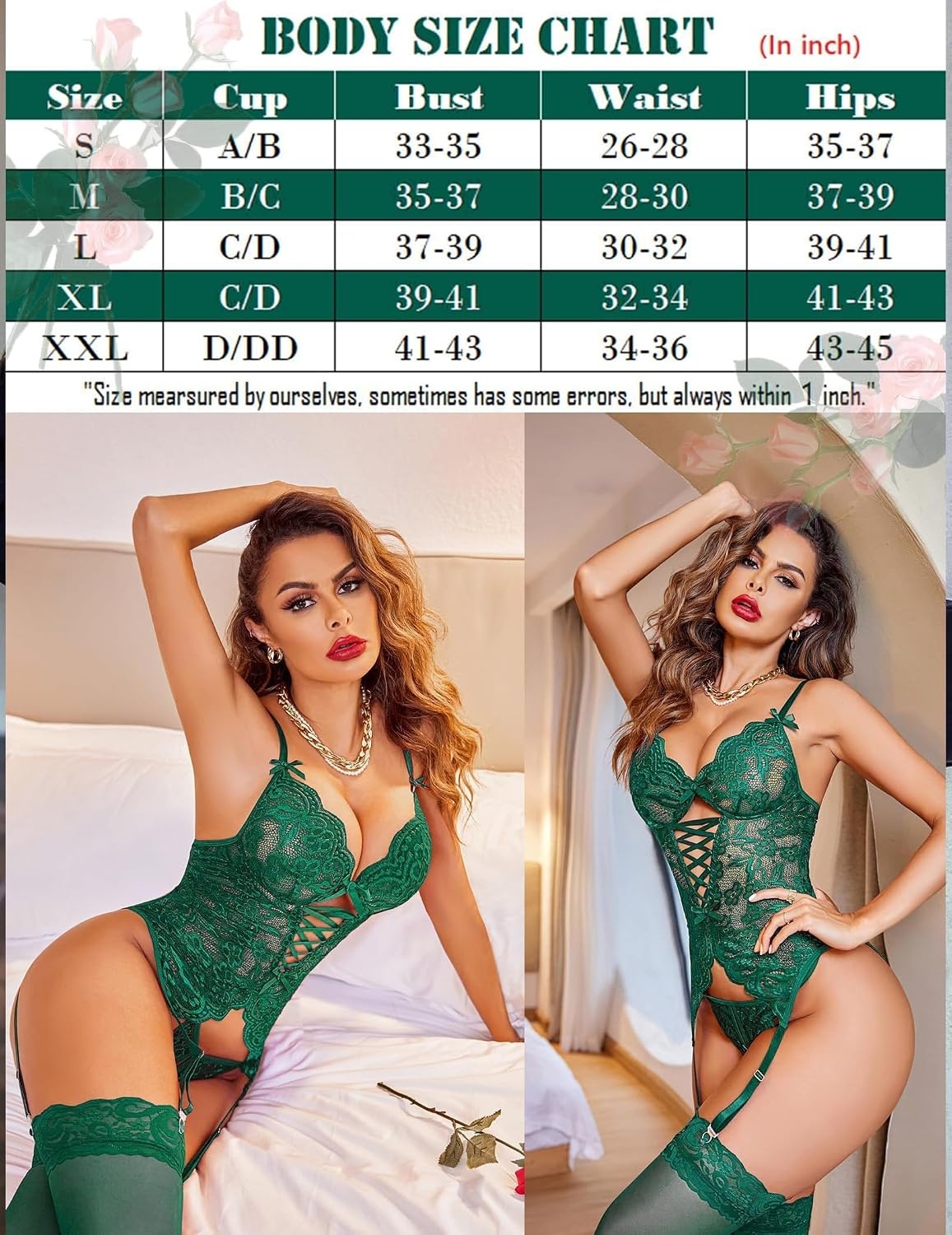 image:imageAvidlove Women Lingerie Lace Lingerie Sets with Garter Belts One Piece Bodysuit Teddy with Panty No StockingsDark Green