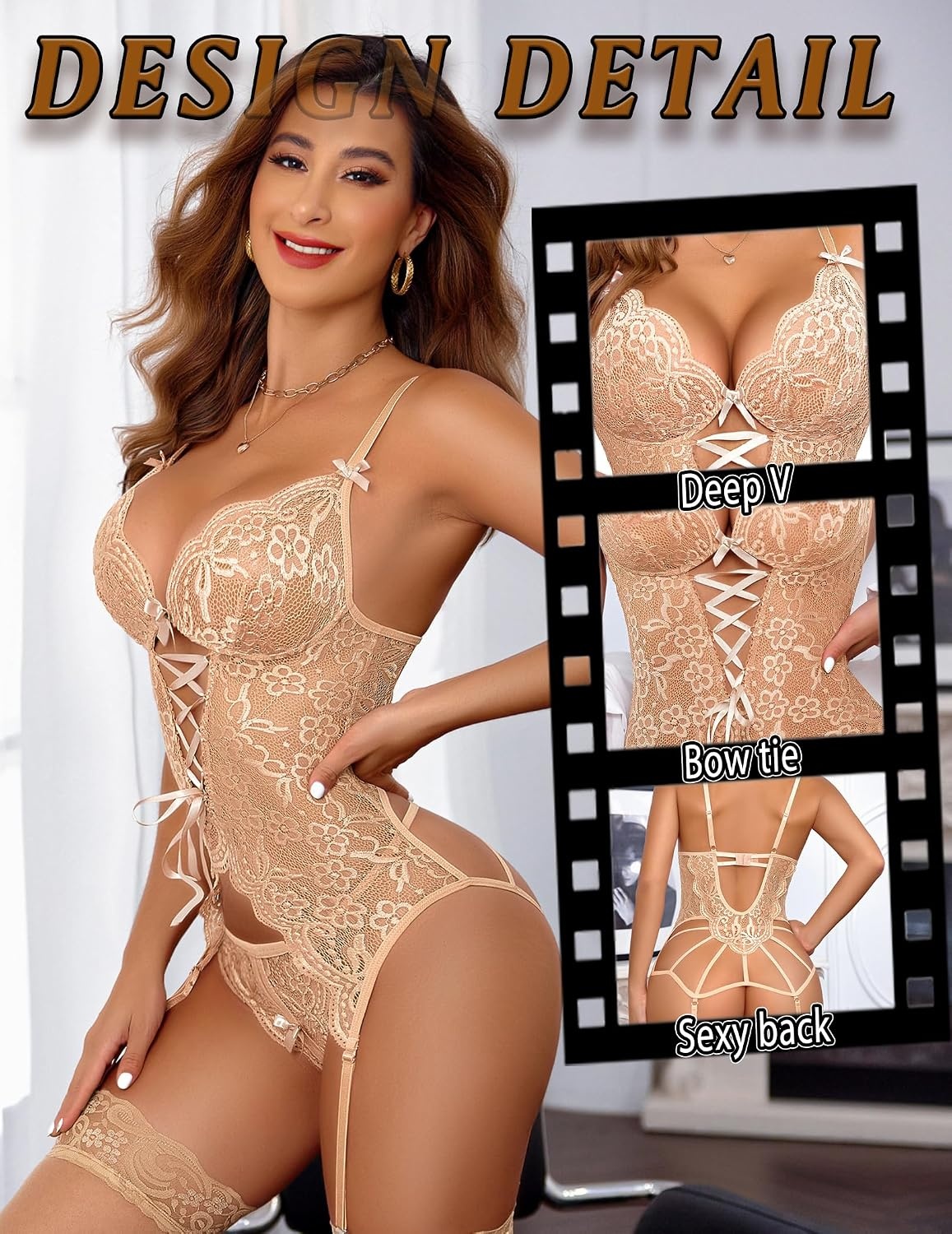 image:imageAvidlove Women Lingerie Lace Lingerie Sets with Garter Belts One Piece Bodysuit Teddy with Panty No StockingsKhaki