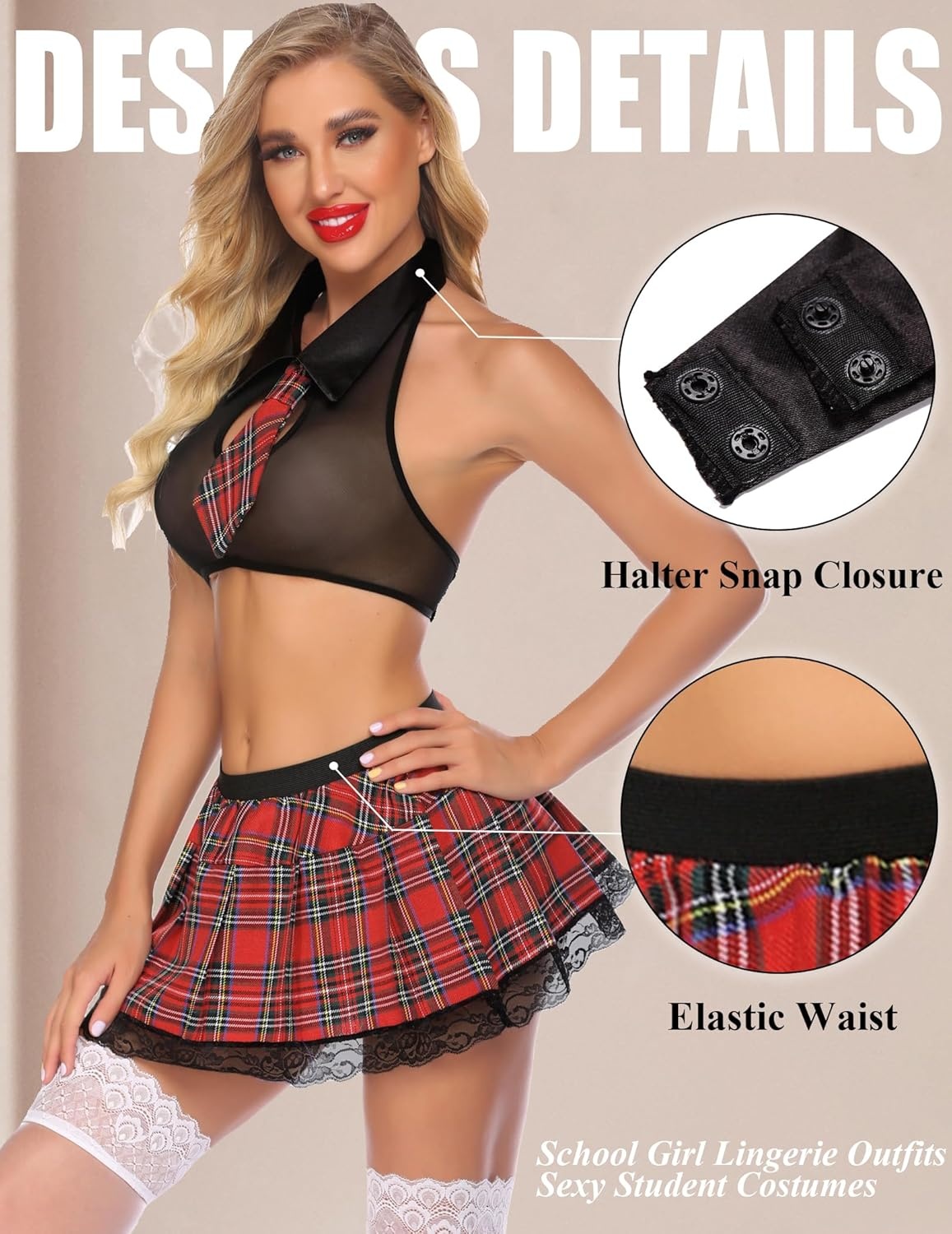 image:imageAvidlove Women School Girl Lingerie Costume Lingerie Set Sexy Student Costumes Halter Top and Mini Skirt1black