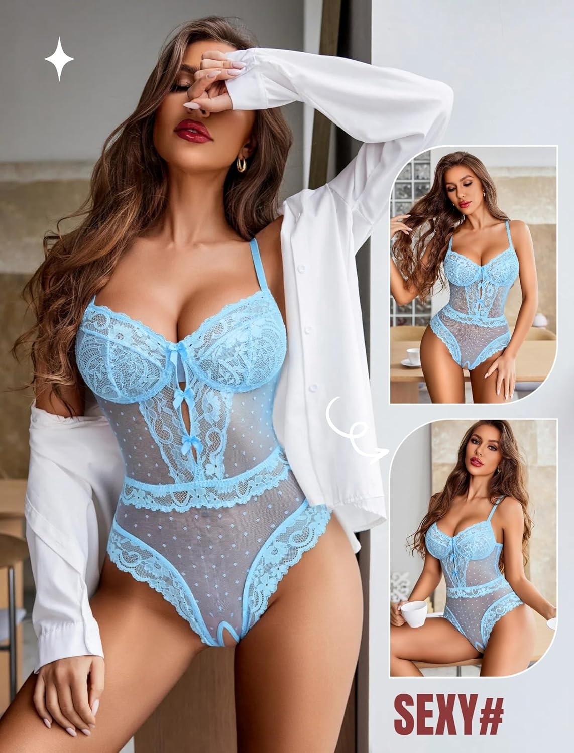 image:imageAvidlove Women Sexy Lingerie Sheer Lace Bodysuit V Neck Teddy Lingerie One Piece Mini BabydollLight Blue
