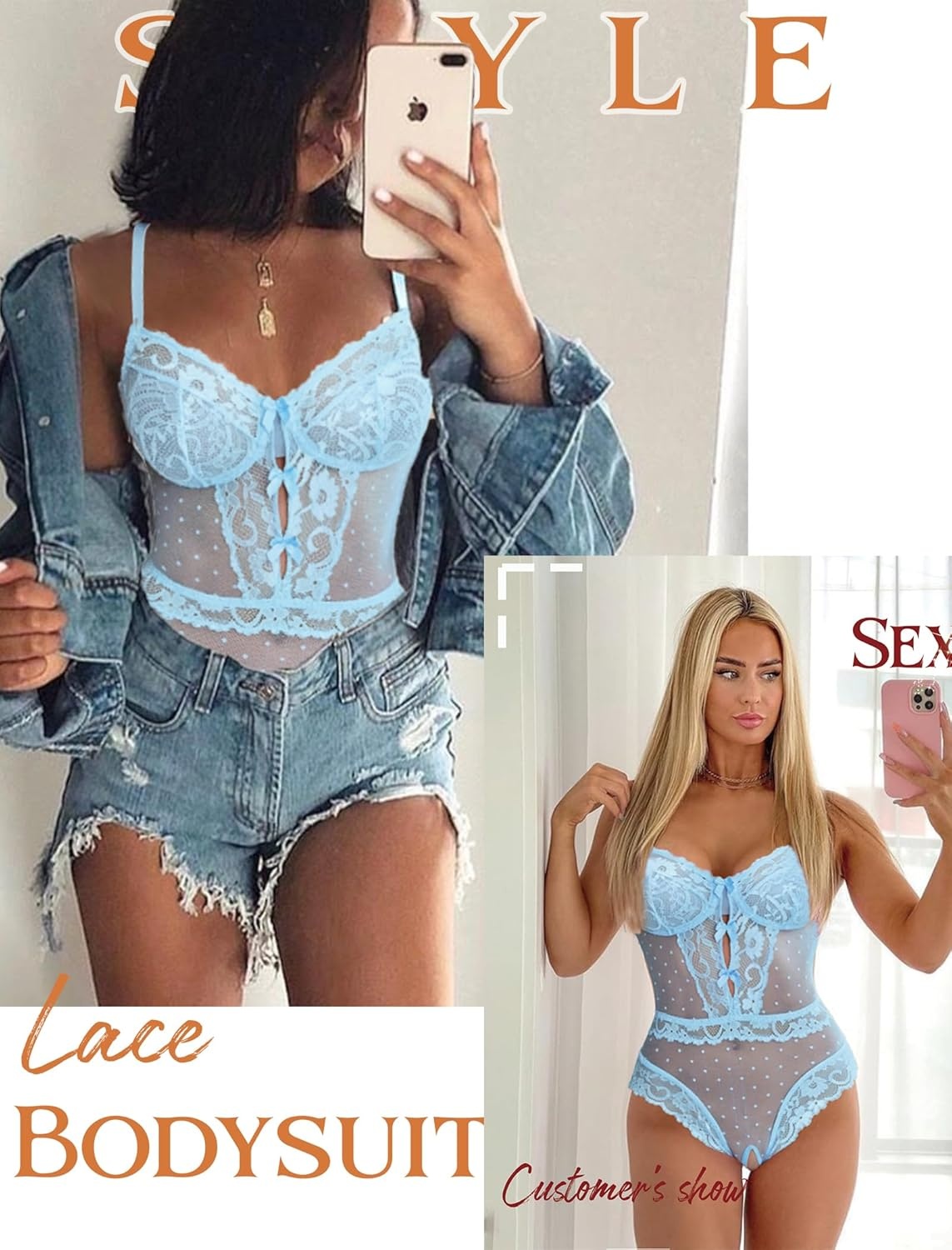 image:imageAvidlove Women Sexy Lingerie Sheer Lace Bodysuit V Neck Teddy Lingerie One Piece Mini BabydollLight Blue