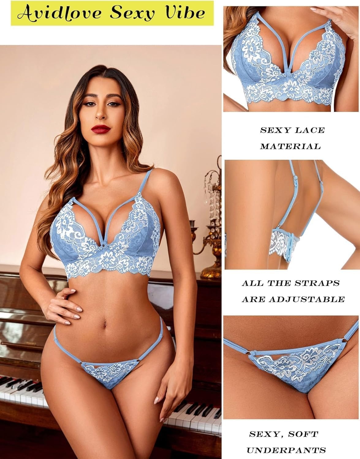 image:imageAvidlove Womens Lingerie 2 Piece Lace Babydoll Sexy V Neck Bra and Panty SetsLight Blue
