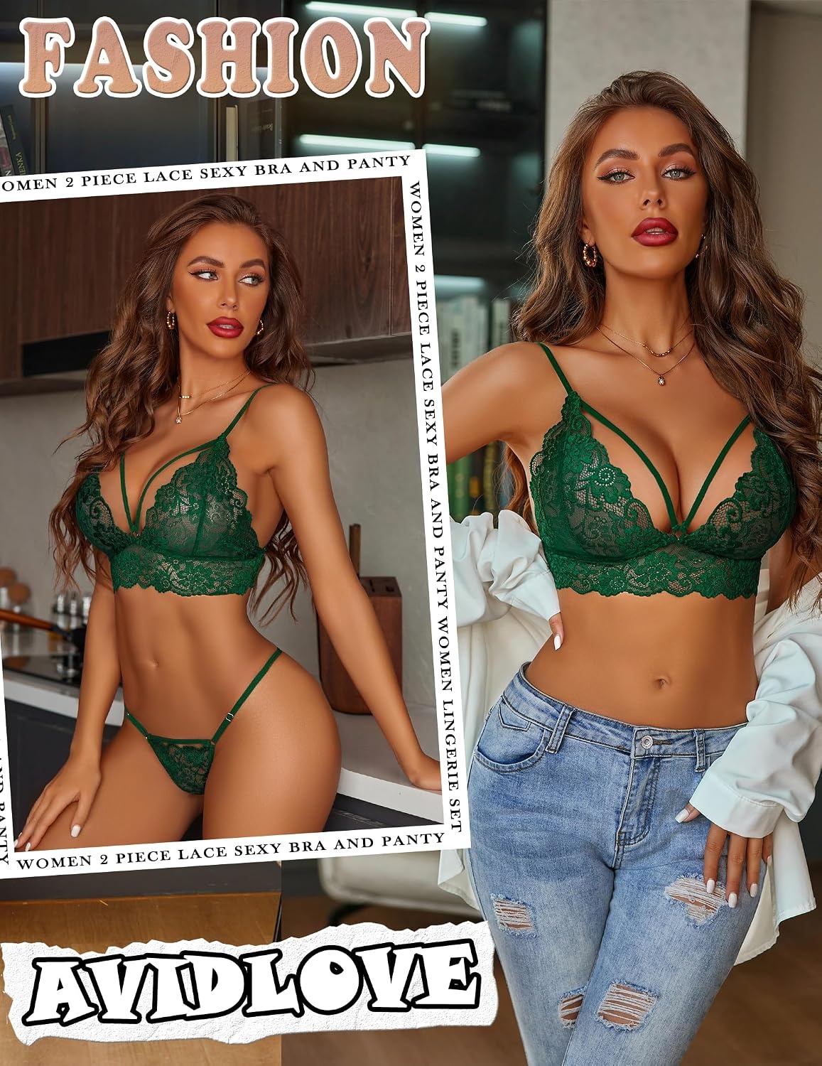 image:imageAvidlove Womens Lingerie 2 Piece Lace Babydoll Sexy V Neck Bra and Panty SetsPure Green