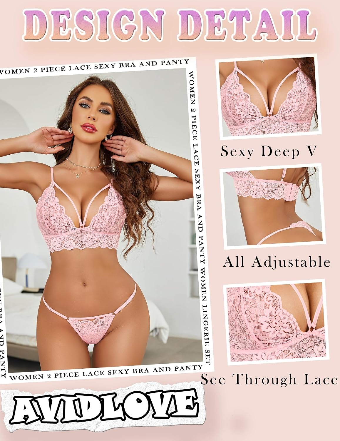 image:imageAvidlove Womens Lingerie 2 Piece Lace Babydoll Sexy V Neck Bra and Panty SetsPure Pink