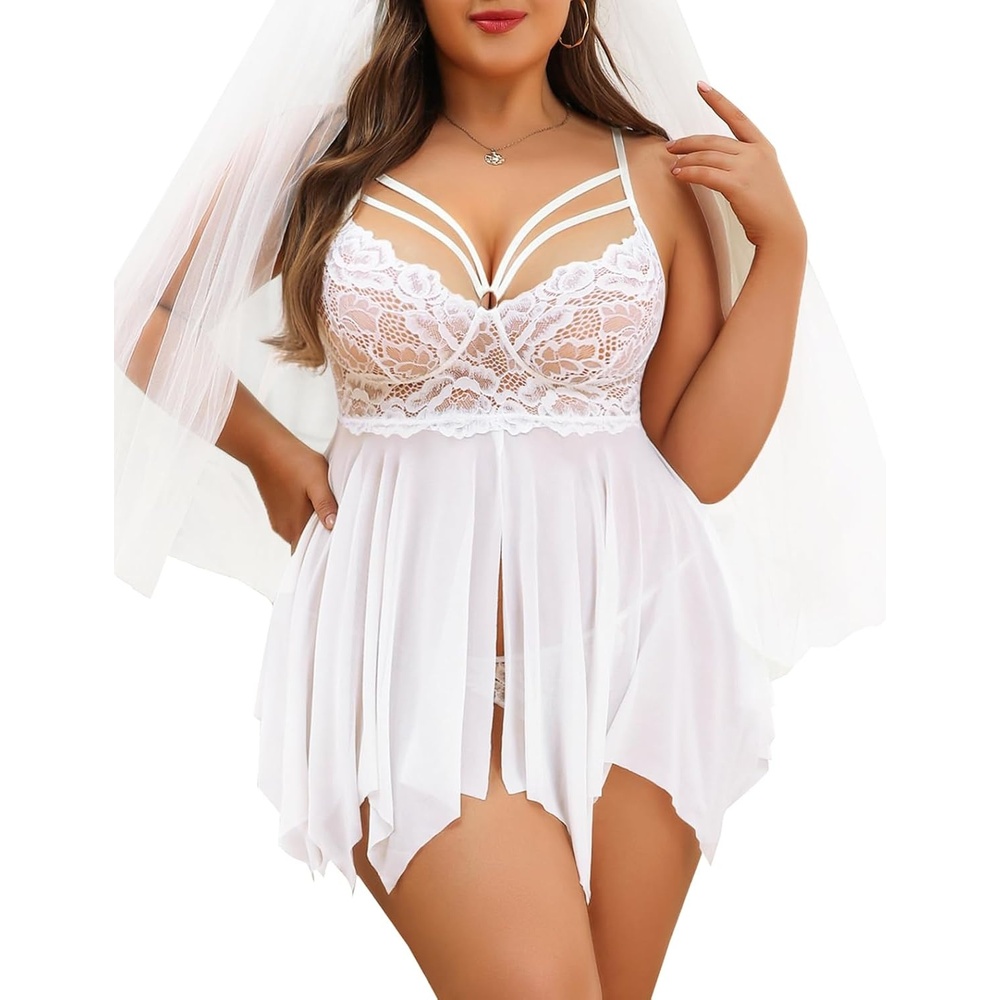 image:imageAvidlove Babydoll Lingerie for Women Strappy Nightdress Sexy Nightgowns Bridal Chemise Plus Size Lace Langeray L4XLWhite