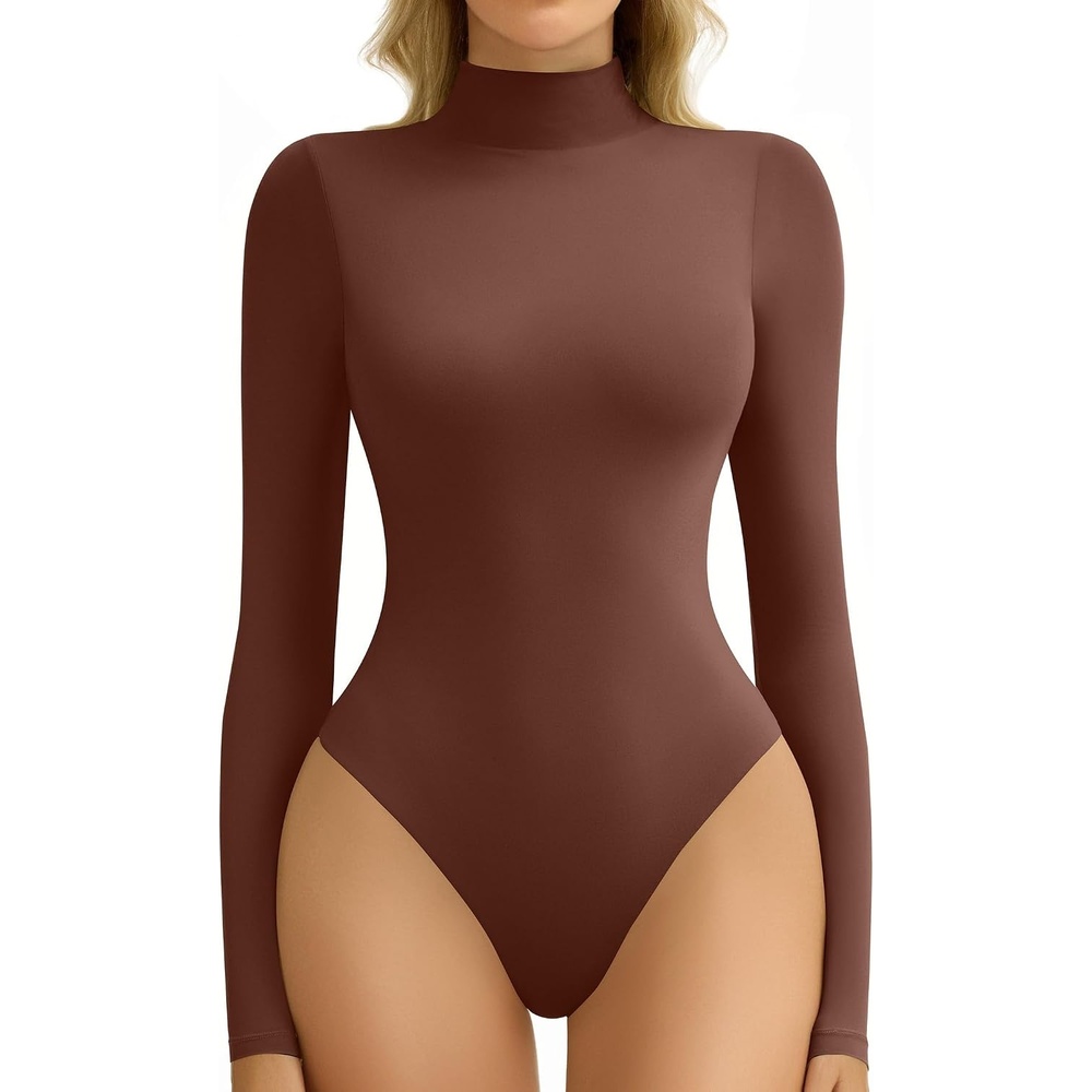image:imageAvidlove Bodysuits for Women High Neck Long Sleeve Body Suits Snap Closure Double Lined Mock Neck Bodysuit SoftBrown