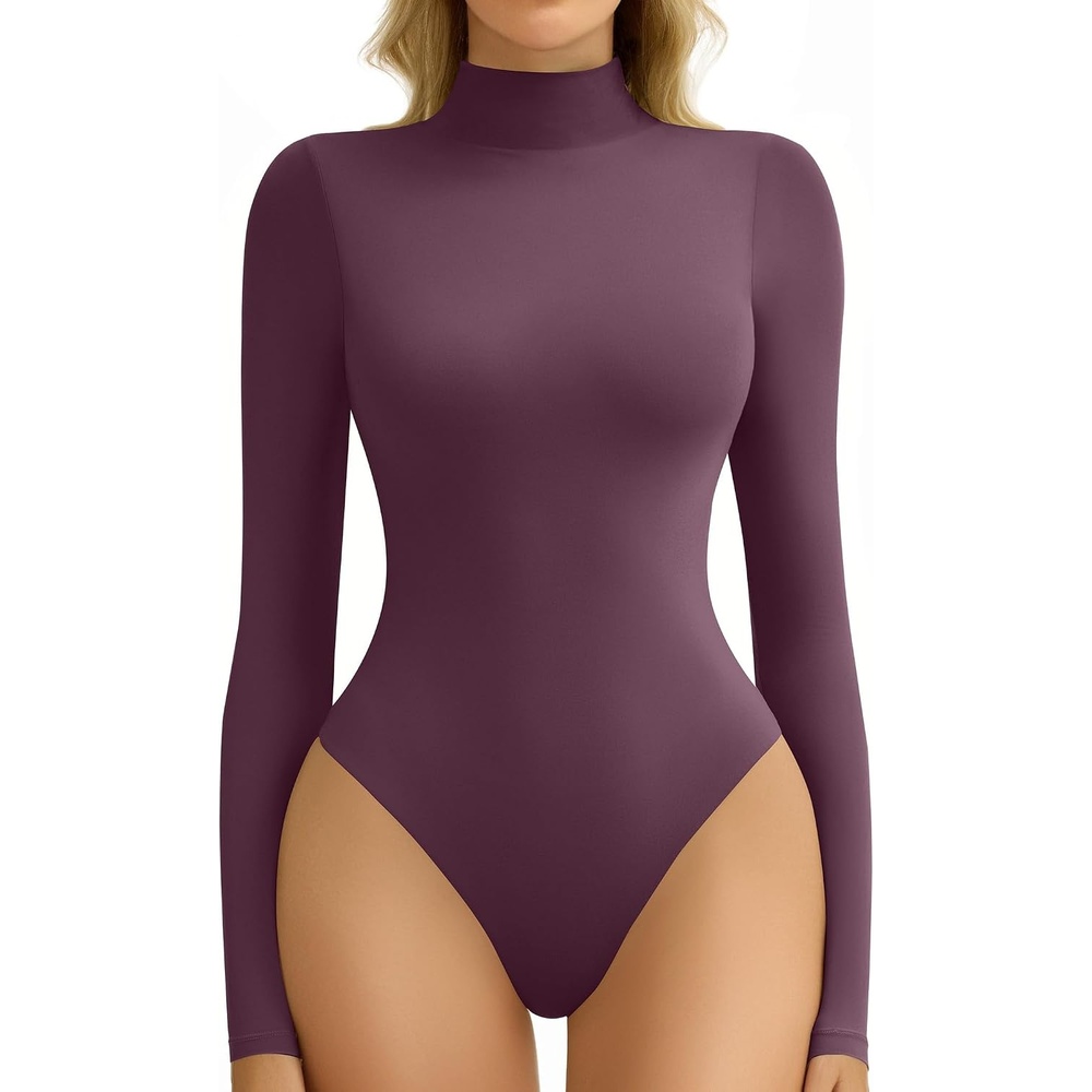 image:imageAvidlove Bodysuits for Women High Neck Long Sleeve Body Suits Snap Closure Double Lined Mock Neck Bodysuit SoftDark Purple