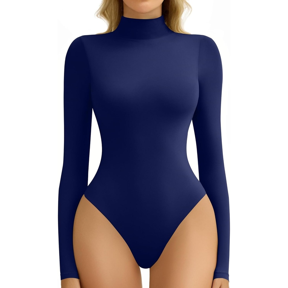 image:imageAvidlove Bodysuits for Women High Neck Long Sleeve Body Suits Snap Closure Double Lined Mock Neck Bodysuit SoftNavy Blue