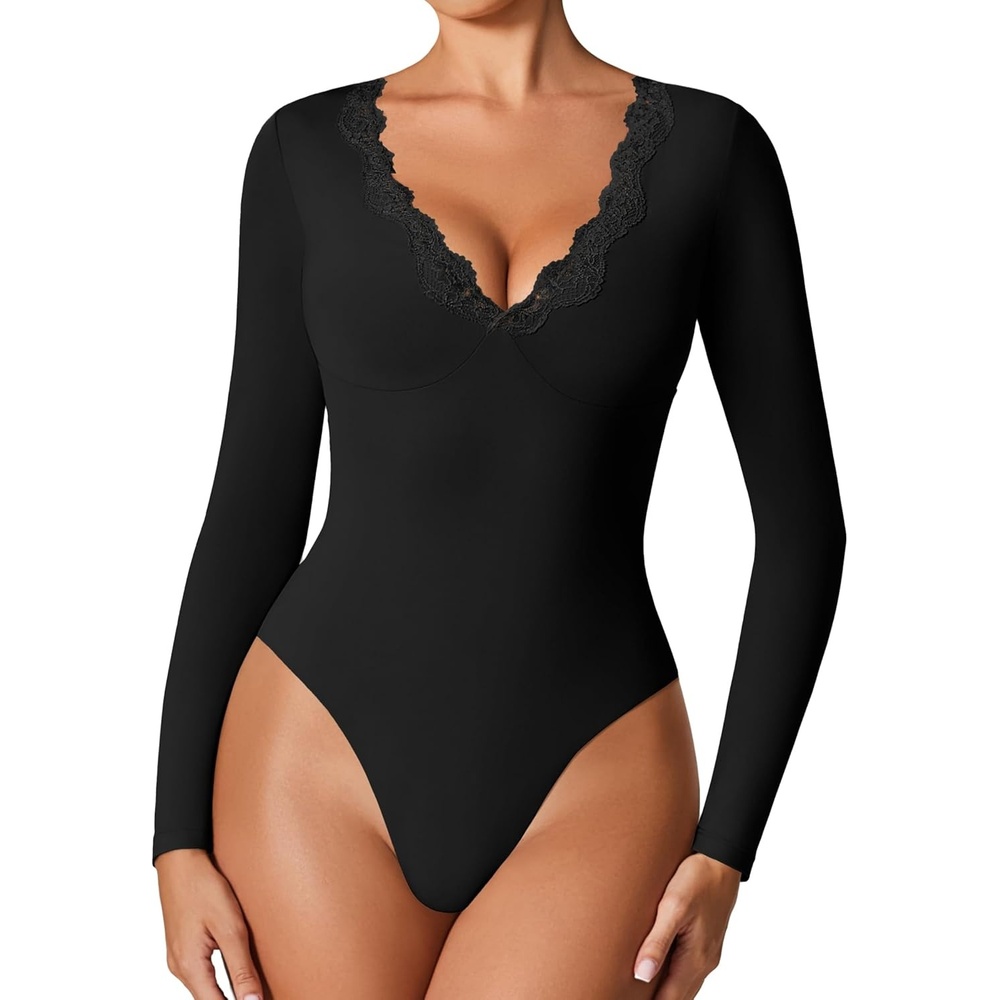 image:imageAvidlove Bodysuits for Women Long Sleeve Lace V Neck Body Suits Double Lined One Piece Leotard Shirt Going Out TopsBlack