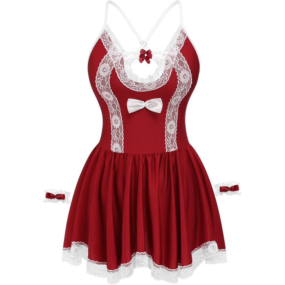 image:imageAvidlove Cosplay Lingerie for Women Sexy Maid Costume 4 Pack Role Play Lingerie Outfits Naughty Lace BabydollsWine Red