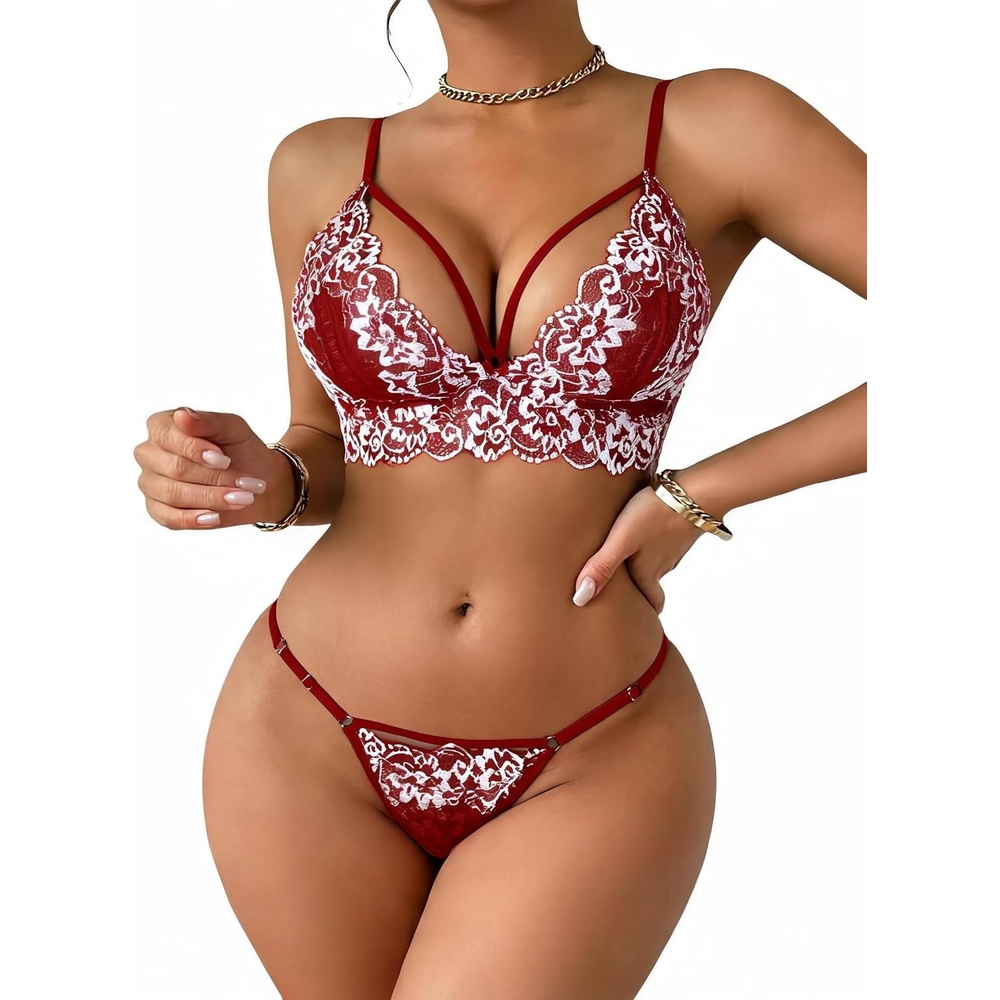 image:imageAvidlove Womens Lingerie 2 Piece Lace Babydoll Sexy V Neck Bra and Panty SetsDark Red