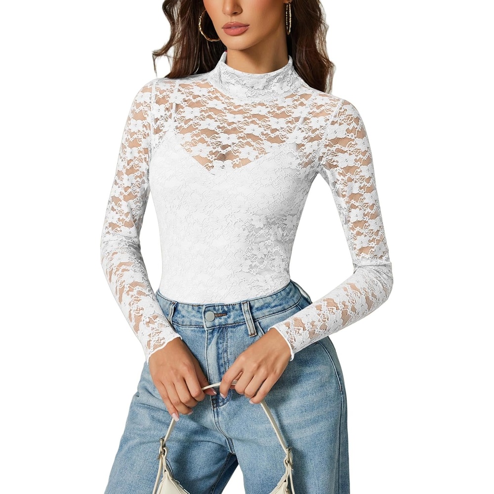 image:imageAvidlove Womens Long Sleeve Bodysuit Lace Tops Turtle Neck Shapewear Body Suits Going Out Top Fall Outfits Two Piece SetWhite