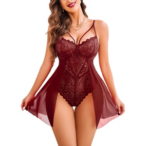 Avidlove Babydoll Lingerie for Women Floral Snap Crotch Teddy Chemise Nightie Lace Nightgown(Dark Red)