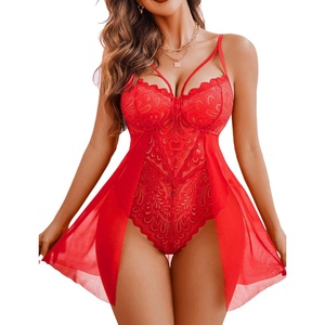 Avidlove Babydoll Lingerie for Women Floral Snap Crotch Teddy Chemise Nightie Lace Nightgown(Red)