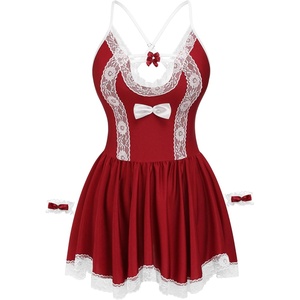 Avidlove Cosplay Lingerie for Women Sexy Maid Costume 4 Pack Role Play Lingerie Outfits Naughty Lace Babydolls(Wine Red)