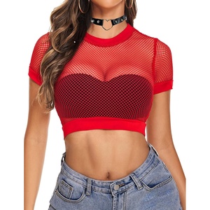 Avidlove Fishnet Crop Top for Women Y2K Short Sleeve See Through Shirt O Neck Pullover Blouse(Red)