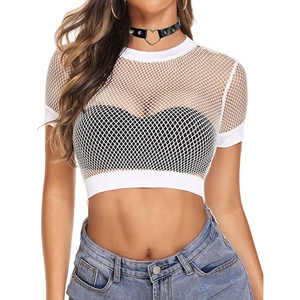 Avidlove Fishnet Crop Top for Women Y2K Short Sleeve See Through Shirt O Neck Pullover Blouse(White)