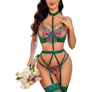 Avidlove Garter Lingerie Sets for Women Sexy with Removable Choker Floral Embroidered Underwire Lingerie (No Stockings)(Green)