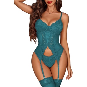 Avidlove Garter Lingerie for Women Floral Lace Babydoll Bodysuit Bra and Panty Set(Blue Green)