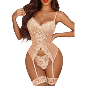 Avidlove Garter Lingerie for Women Floral Lace Babydoll Bodysuit Bra and Panty Set(Champagne)