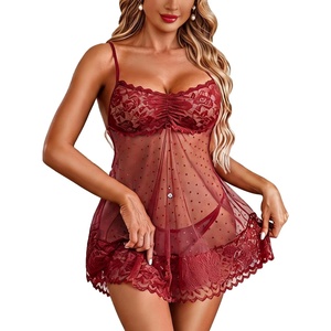 Avidlove Lace Babydoll Lingerie Sexy Mini Chemise Mesh Wedding Nightie Bridal Nightdress(Wine Red Polka Dots)