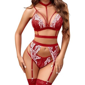 Avidlove Lace Garter Lingerie Set with Removable Choker Teddy Babydoll Strappy Bra and Panty Set (No Stockings)(White&wine Red)