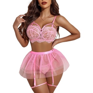 Avidlove Lace Garter Lingerie for Women Mesh Mini Skirt Nightwear Babydoll Bodysuit(Pink)