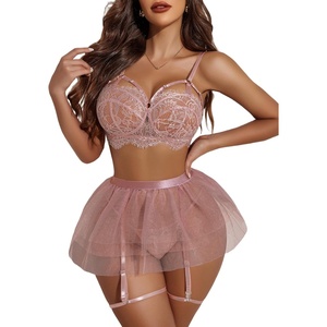 Avidlove Lace Garter Lingerie for Women Mesh Mini Skirt Nightwear Babydoll Bodysuit(Purple Red)