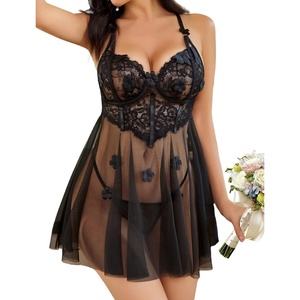 Avidlove Lace Lingerie for Woman Mesh Babydoll Lingeries Sexy Baby Doll Sleepwear Lace Chemise Boudoir Outfits S-XXL(Black)