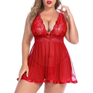 Avidlove Women Plus Size Babydoll Lingerie Lace Chemise Mesh Sleepwear(Carmine Red)